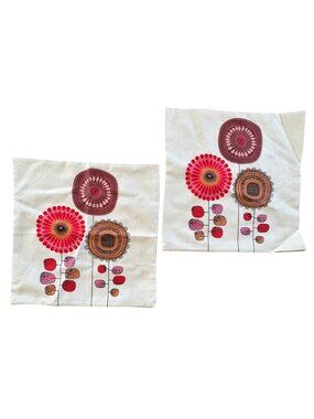Retro Red Floral Pillow Covers Cotton Linen Groovy Set Of Two 17 x 17 Inches